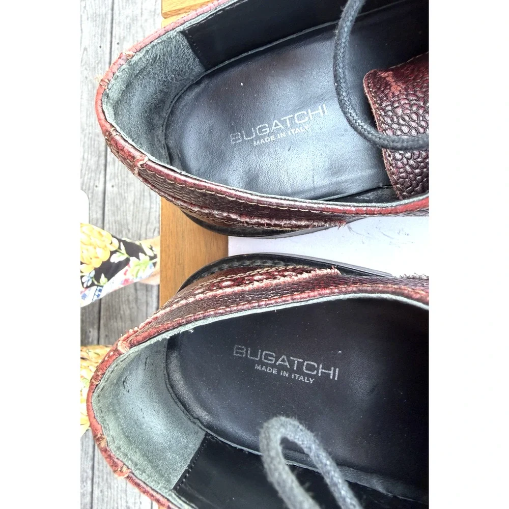 Bugatchi Italy Oxford Burgundy Leather Wingtip Almond Toe Lace Up Shoes Size 8